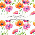 Seamless pattern of watercolor pink and orange poppies with calligraphic text.