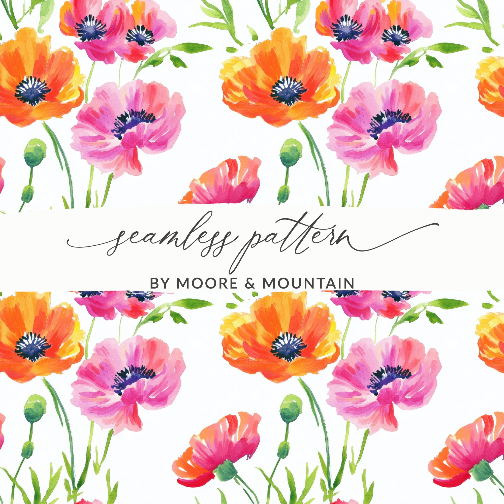 Seamless pattern of watercolor pink and orange poppies with calligraphic text.