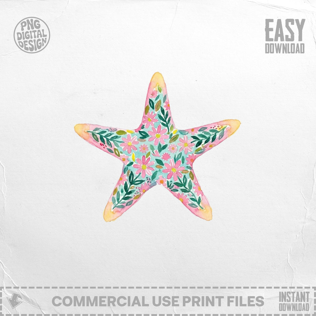 Watercolor starfish illustration with pink flowers and green leaves on a light background.