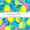Seamless pattern of yellow lemons and pink flowers on a turquoise background.