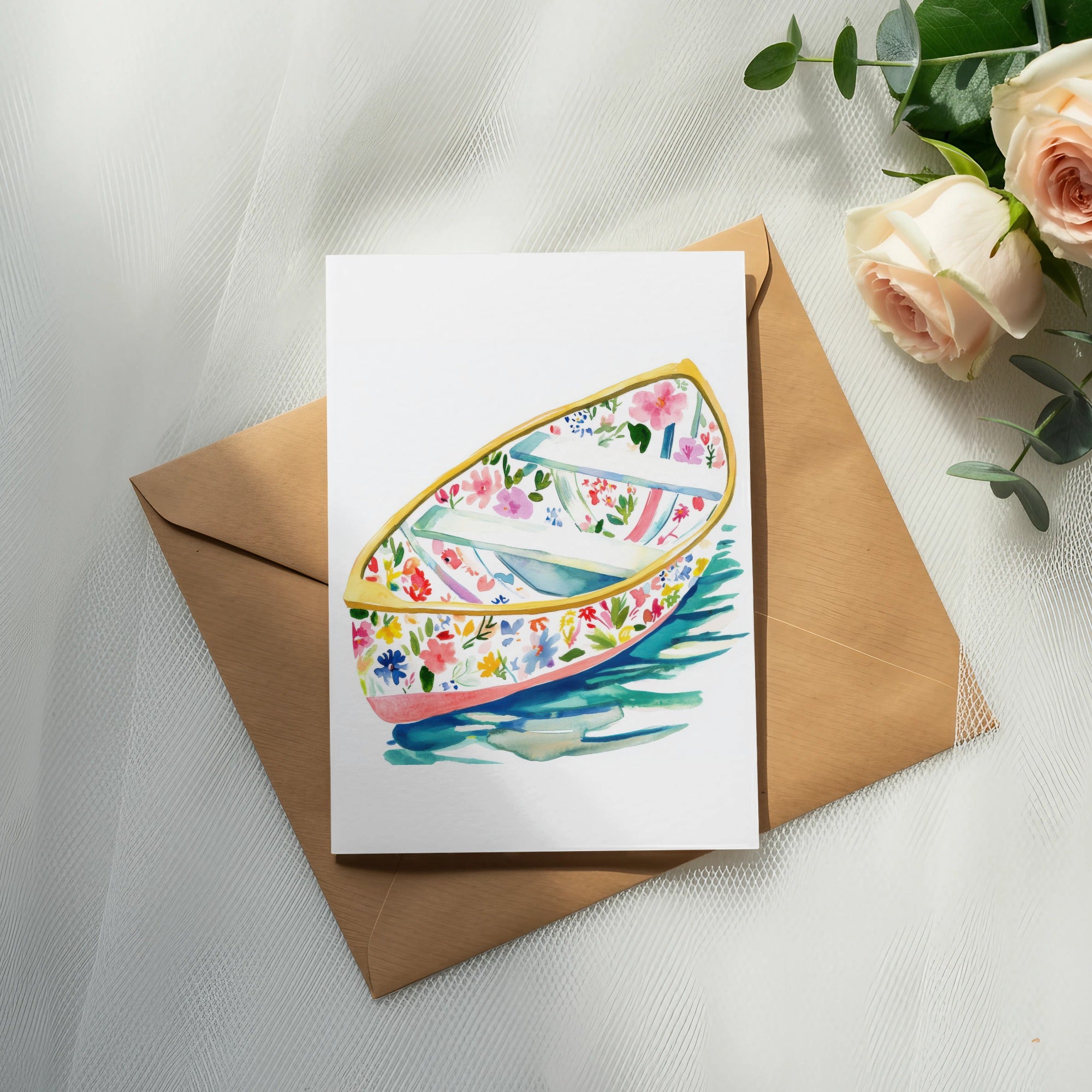 Card with floral boat illustration on a brown envelope, with roses.