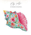 Watercolor conch shell with pink hibiscus flowers and green leaves.