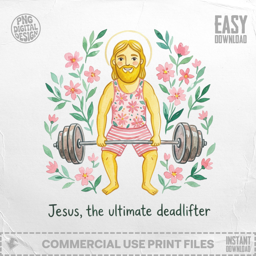 Jesus, cheerful and muscular, lifts a barbell amid pink flowers.