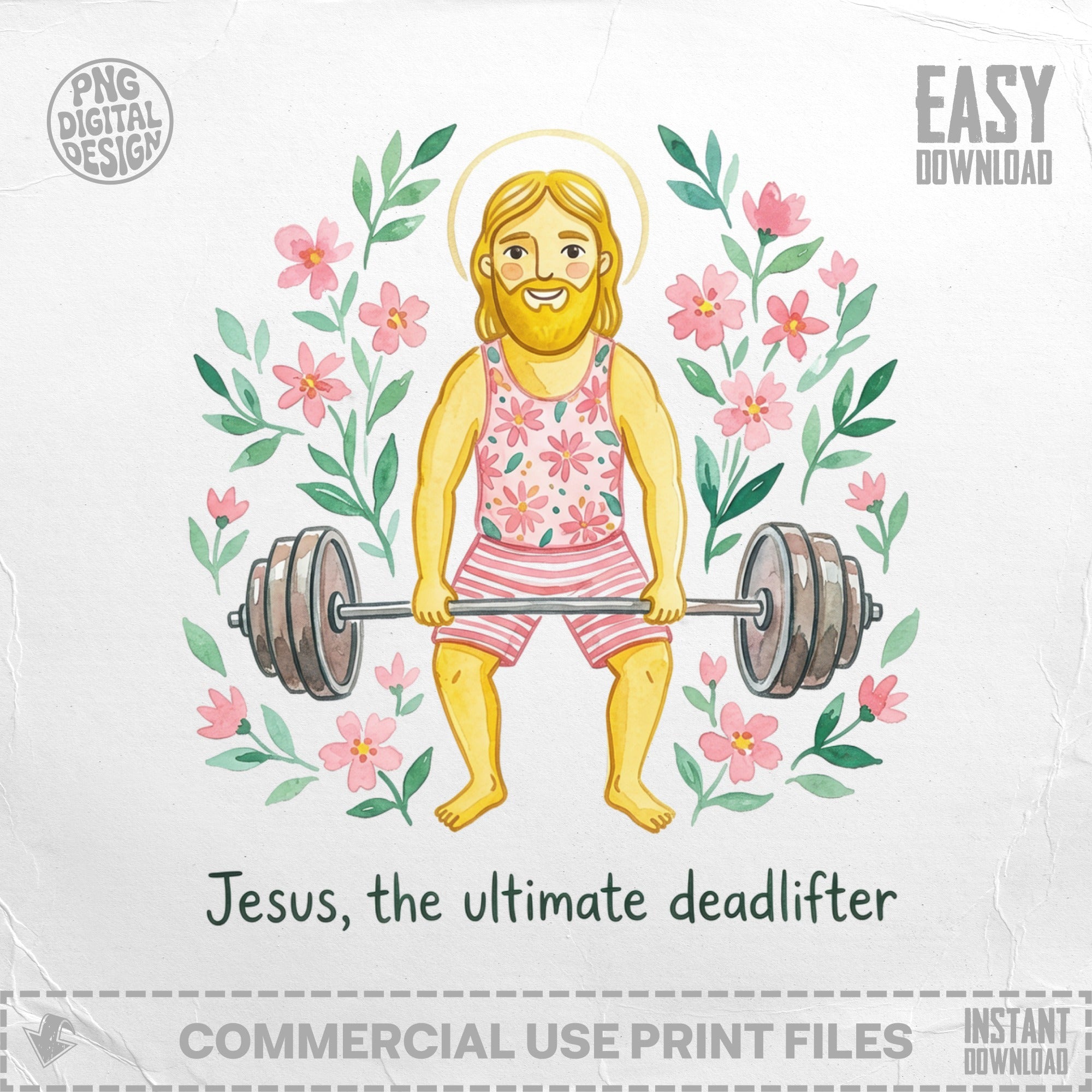 Jesus, cheerful and muscular, lifts a barbell amid pink flowers.