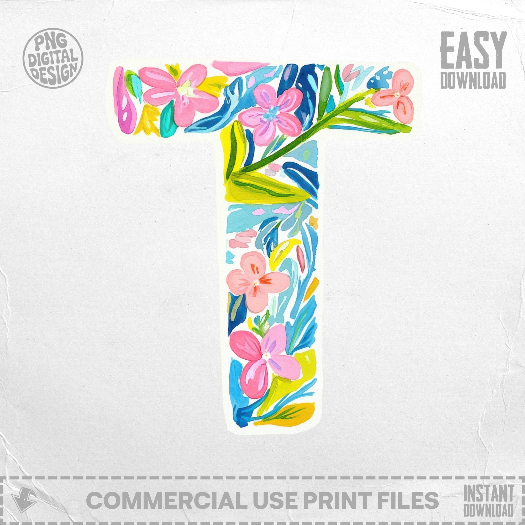 Letter T with floral pattern, PNG digital design, commercial use print files.