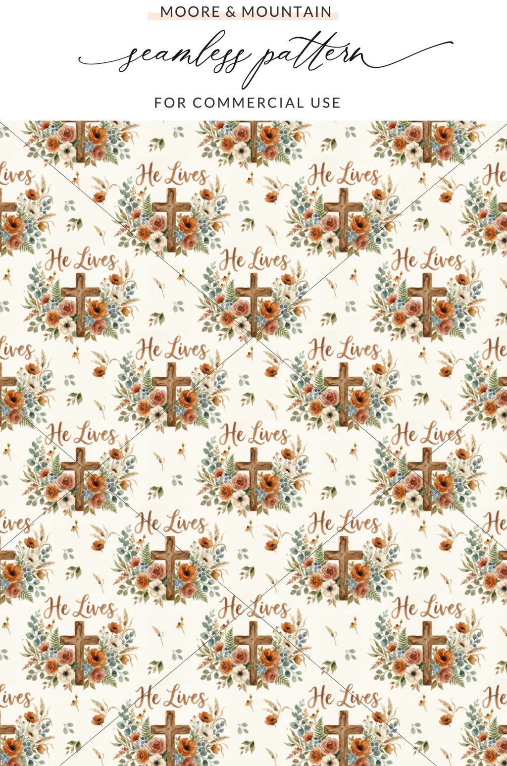He Lives Cross Floral Christian Repeating Design product type
Christian, Easter, Faith, Religious, Cross, Floral, Flowers, Botanical, Leaves, Wheat, Seamless pattern, Repeating pattern, Digital paper, Watercolor, Orange floral, Brown cross, He Lives design, Spiritual, Spring pattern, Scripture art