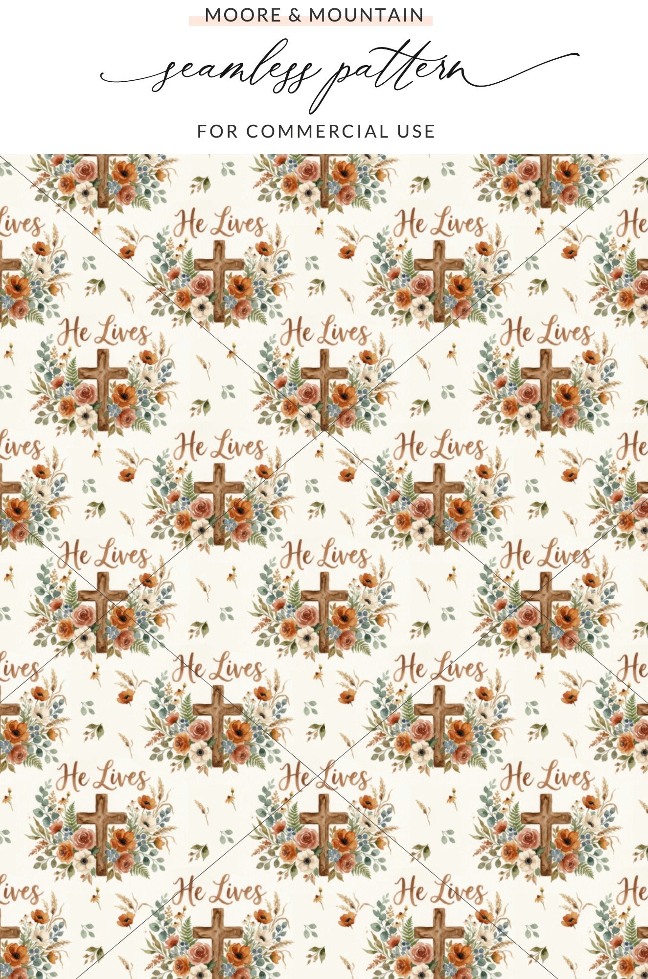 He Lives Cross Floral Christian Repeating Design product type
Christian, Easter, Faith, Religious, Cross, Floral, Flowers, Botanical, Leaves, Wheat, Seamless pattern, Repeating pattern, Digital paper, Watercolor, Orange floral, Brown cross, He Lives design, Spiritual, Spring pattern, Scripture art