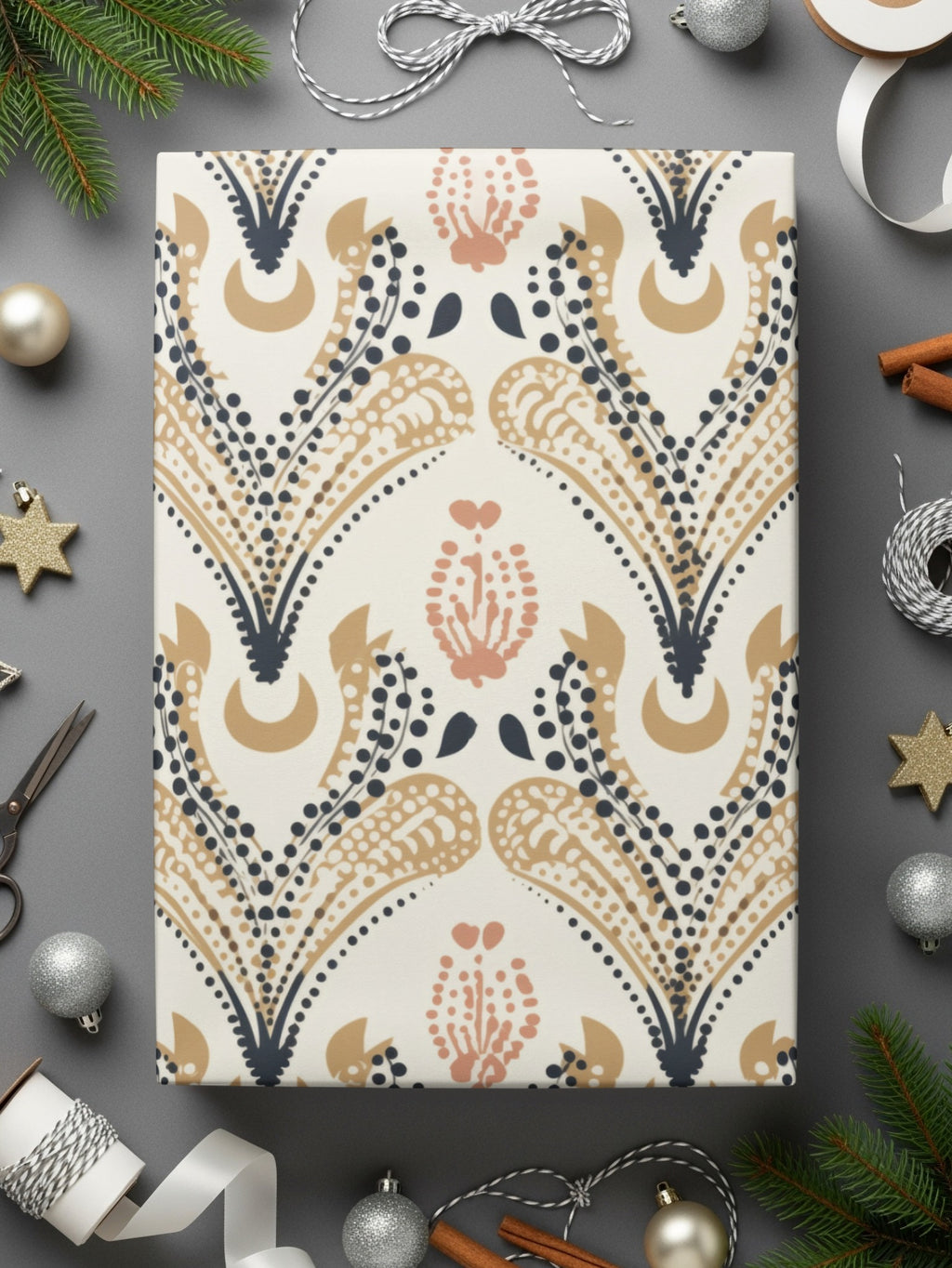 Elegant Festive Gift Wrap with Intricate Floral Pattern