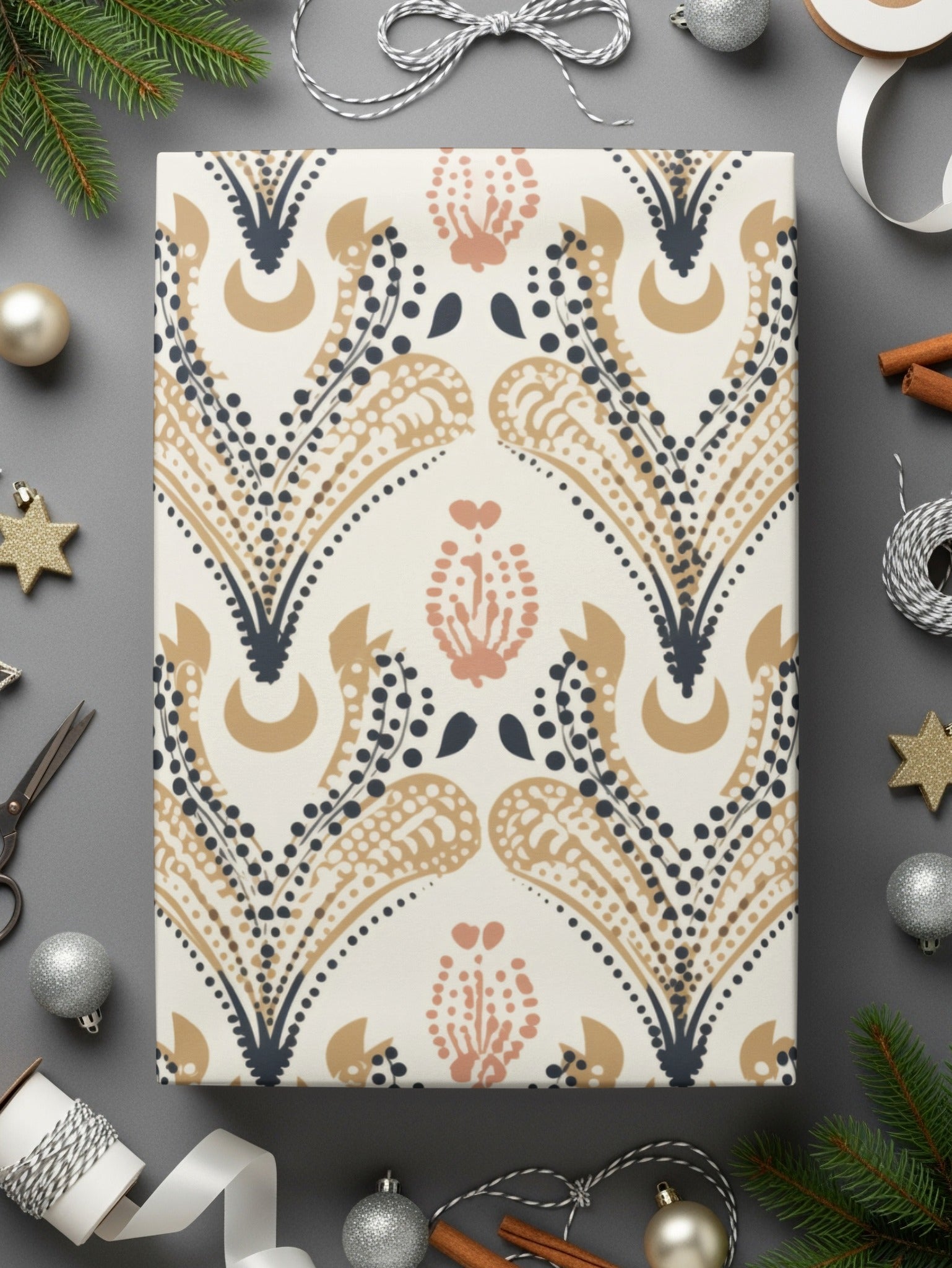 Elegant Festive Gift Wrap with Intricate Floral Pattern
