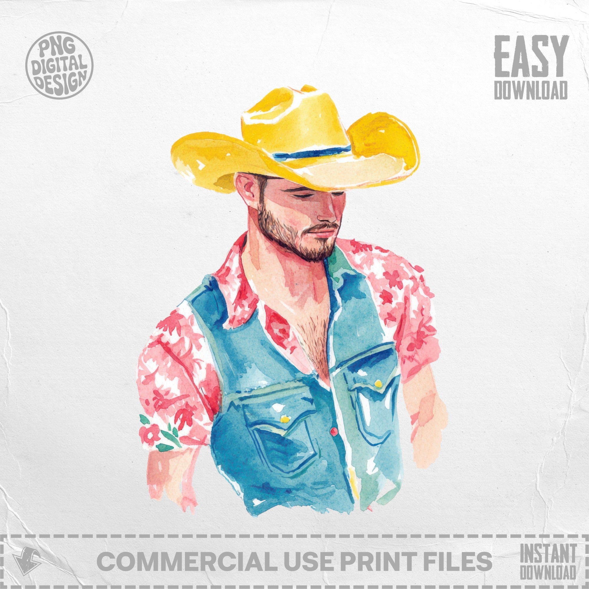 Watercolor illustration of a man in a cowboy hat, denim vest, and patterned shirt.