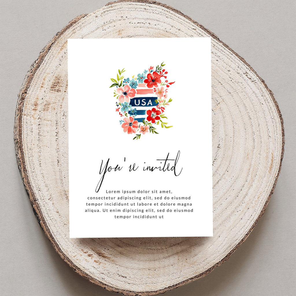 Invitation card with "You're invited" and "USA" floral design.