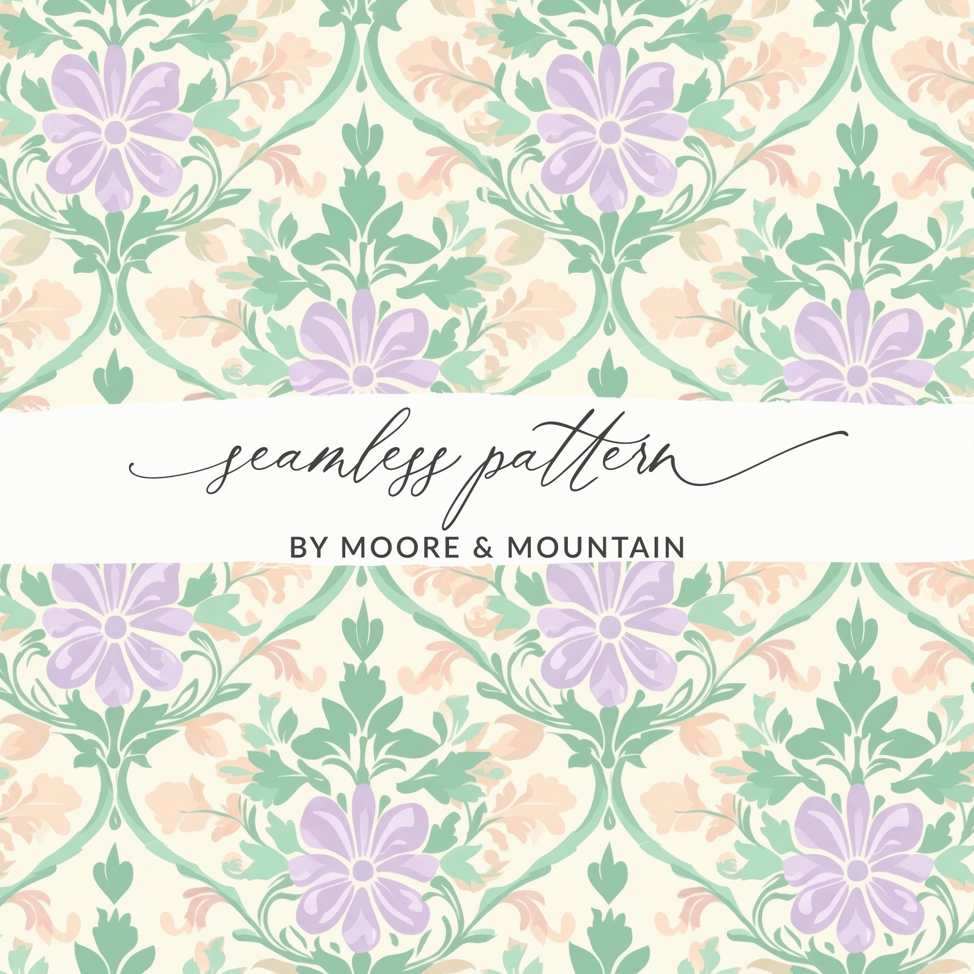 Seamless floral pattern in pastel green, purple, and peach by Moore & Mountain.