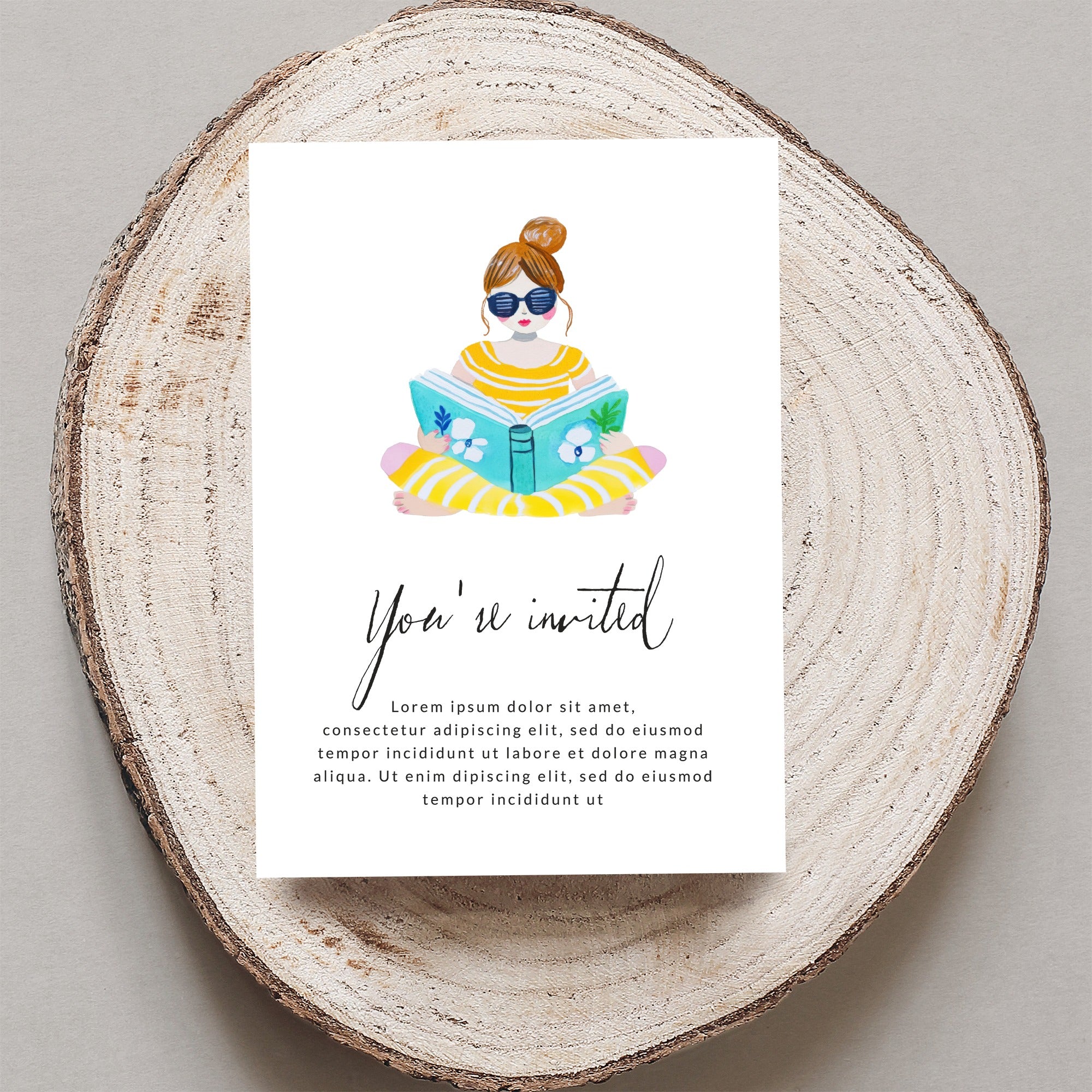Invitation with illustrated woman reading book, text "You're invited" and placeholder text.