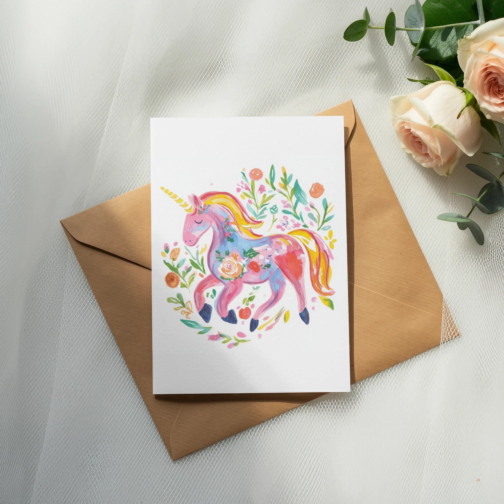 Card featuring a watercolor unicorn with floral accents on a brown envelope.