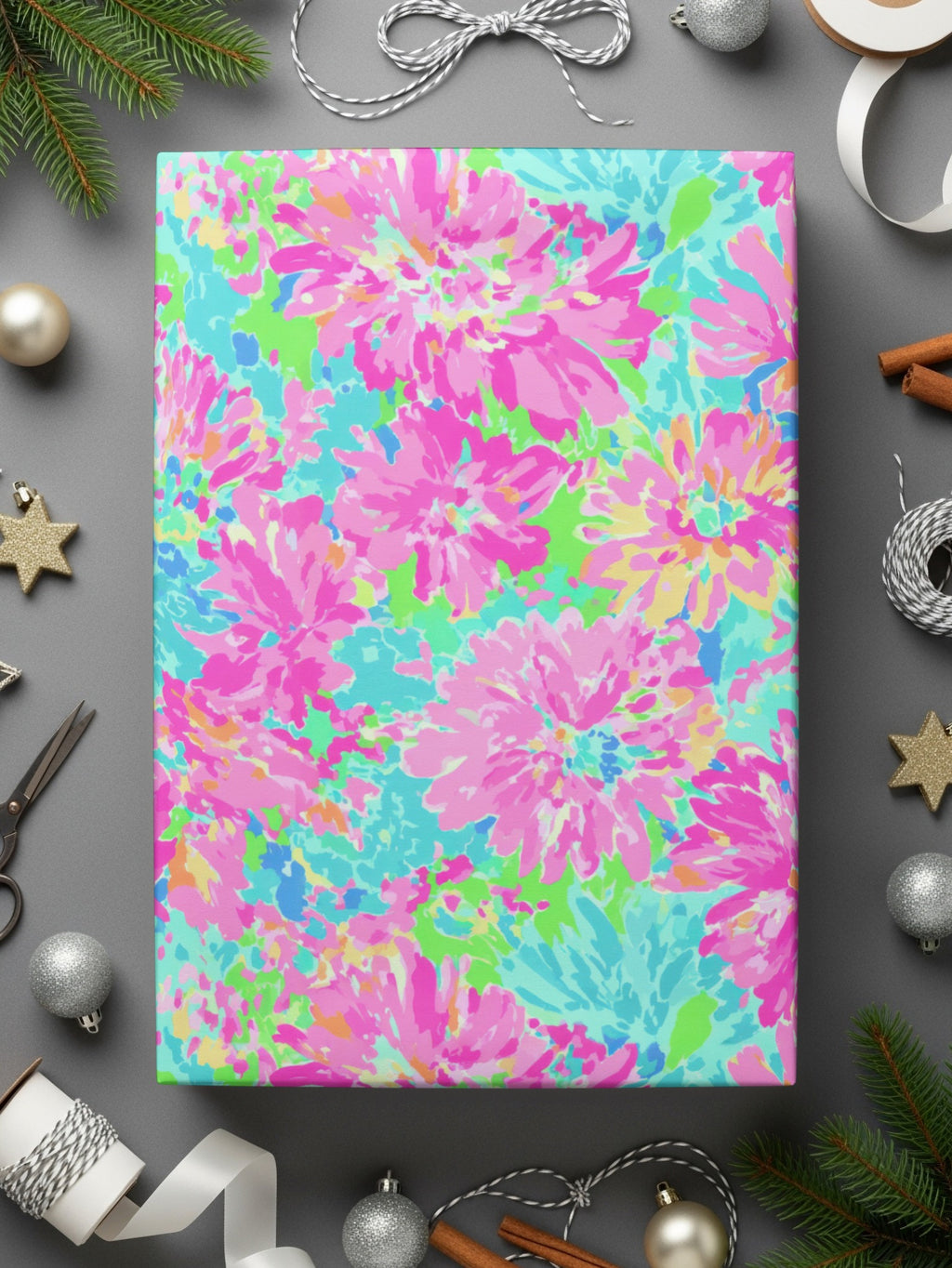 Bright floral wrapping paper with pink, yellow, and teal blooms.