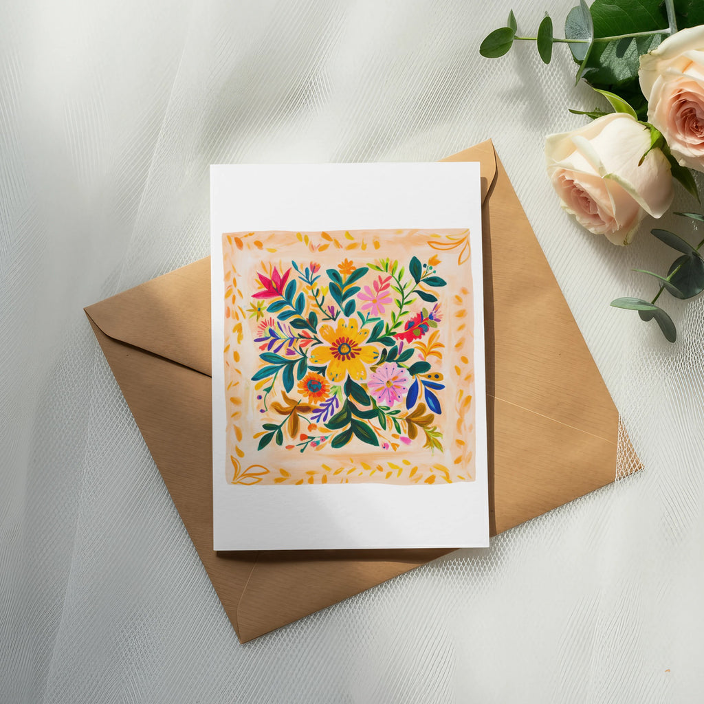 Card with colorful floral painting on a brown envelope with roses.