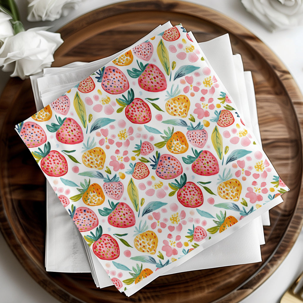 White napkins with a watercolor strawberry pattern on a wooden tray.