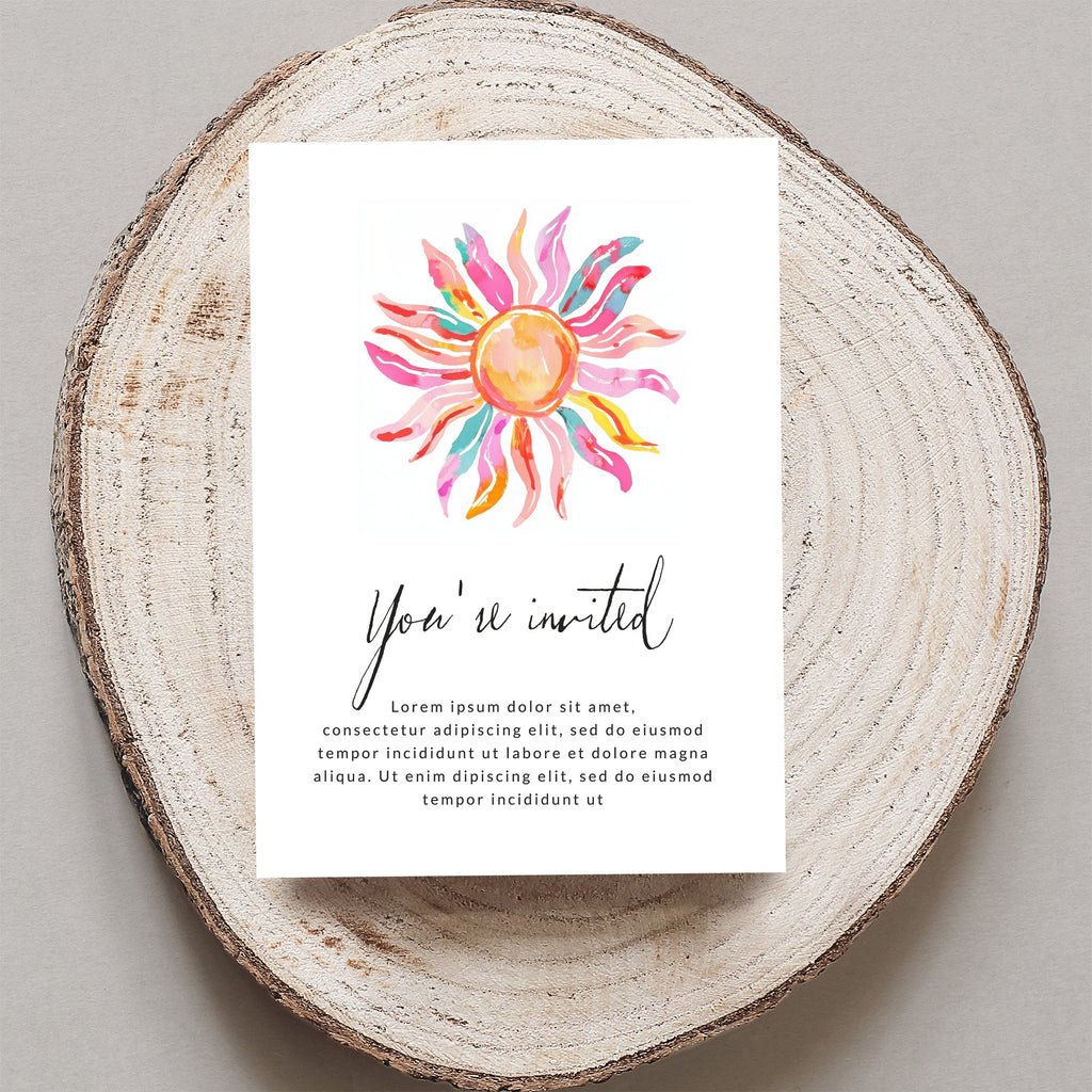 "You're invited" card with watercolor sun design and placeholder text.
