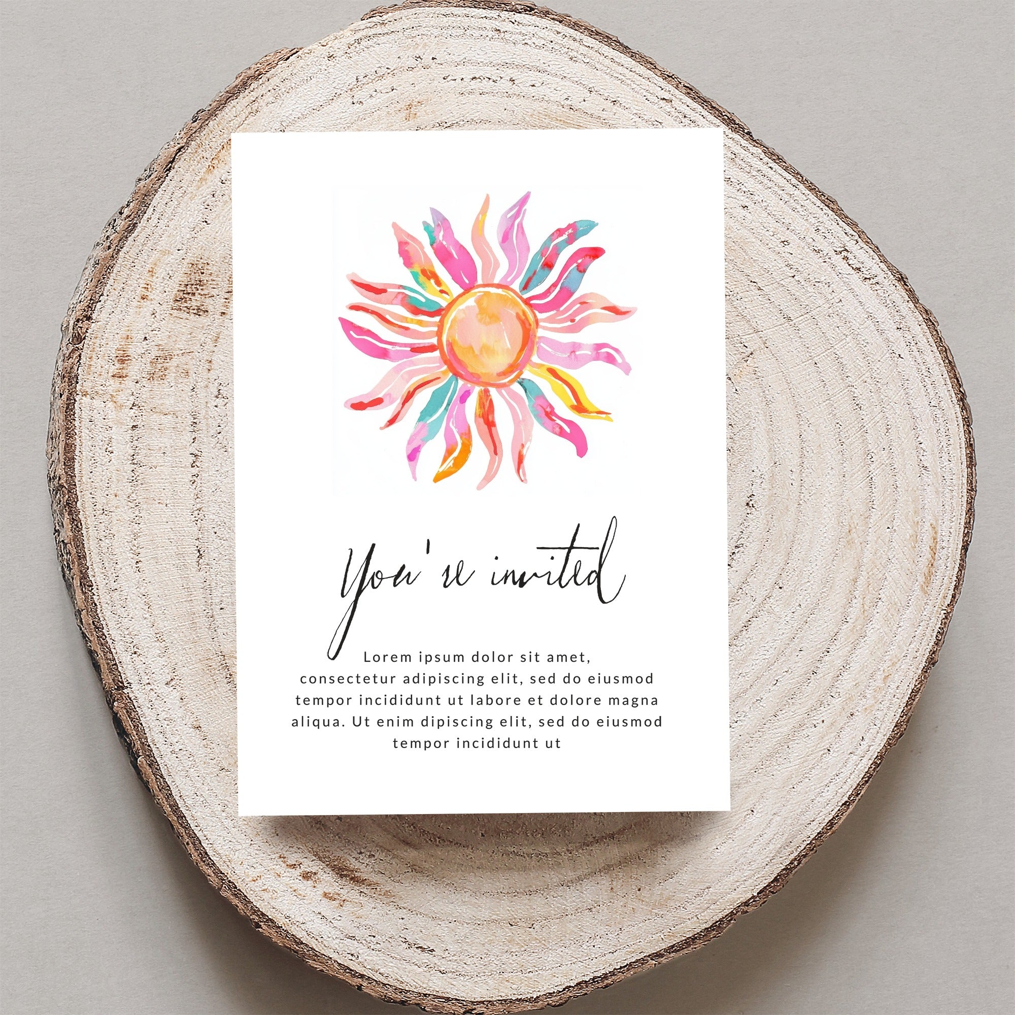 "You're invited" card with watercolor sun design and placeholder text.