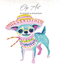 Turquoise chihuahua wearing a colorful sombrero and beaded necklace.