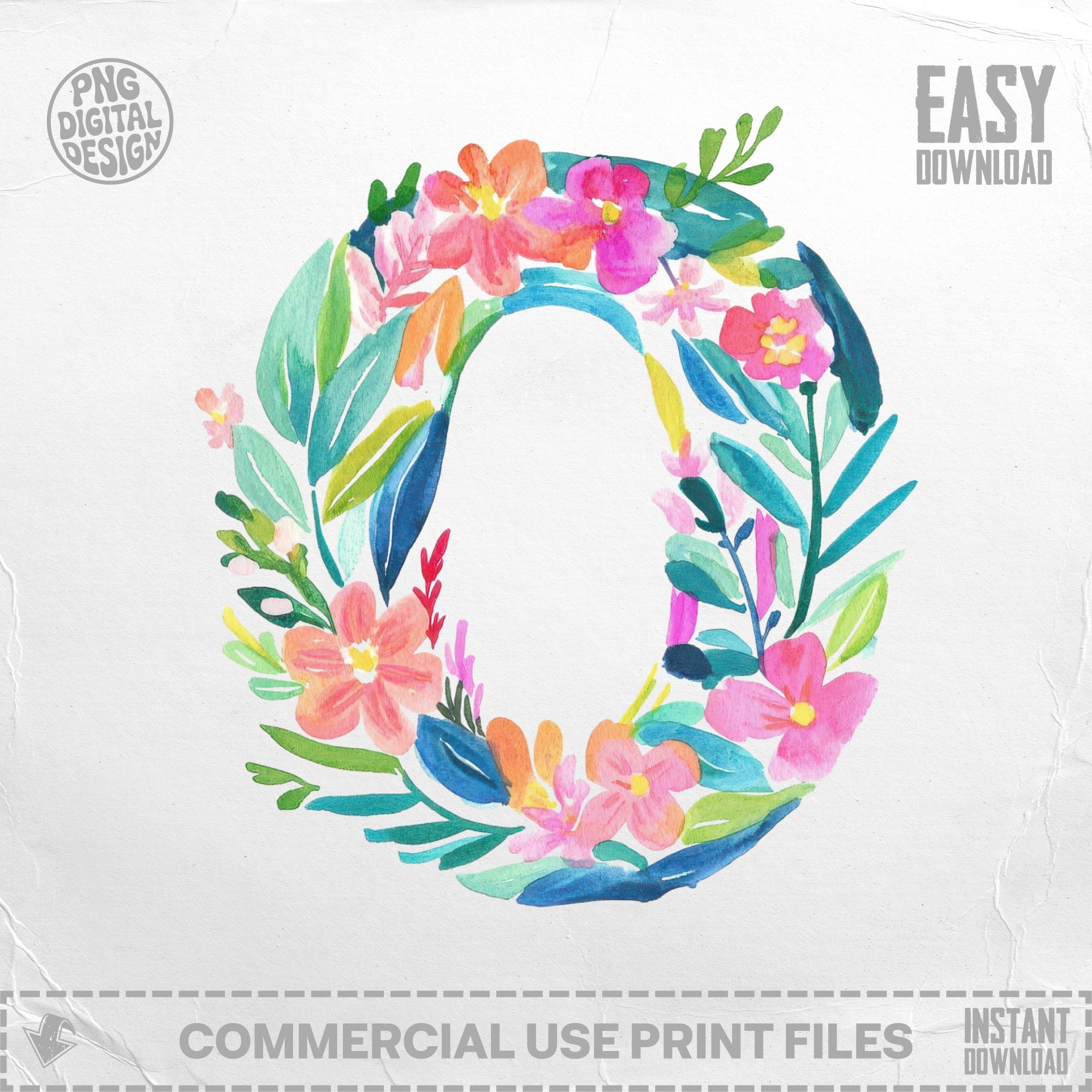 Watercolor floral number 0 with "Easy Download" text.