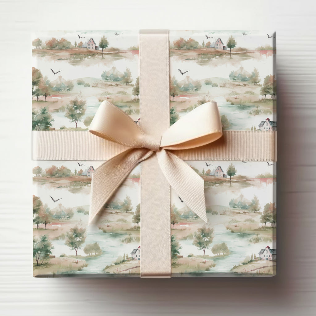 Beautifully Wrapped Gift Box with Scenic Landscape Art