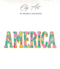 "AMERICA" text with floral and strawberry watercolor design.