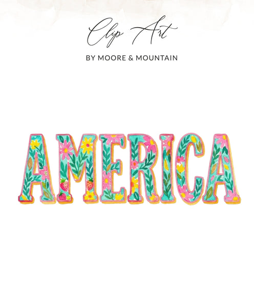 "AMERICA" text with floral and strawberry watercolor design.