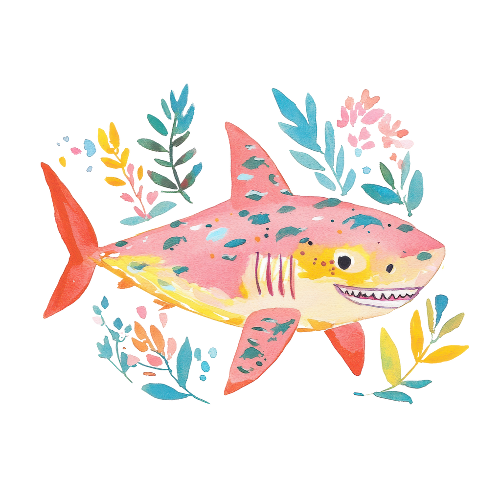 Watercolor illustration of a pink shark with blue spots surrounded by colorful floral elements.