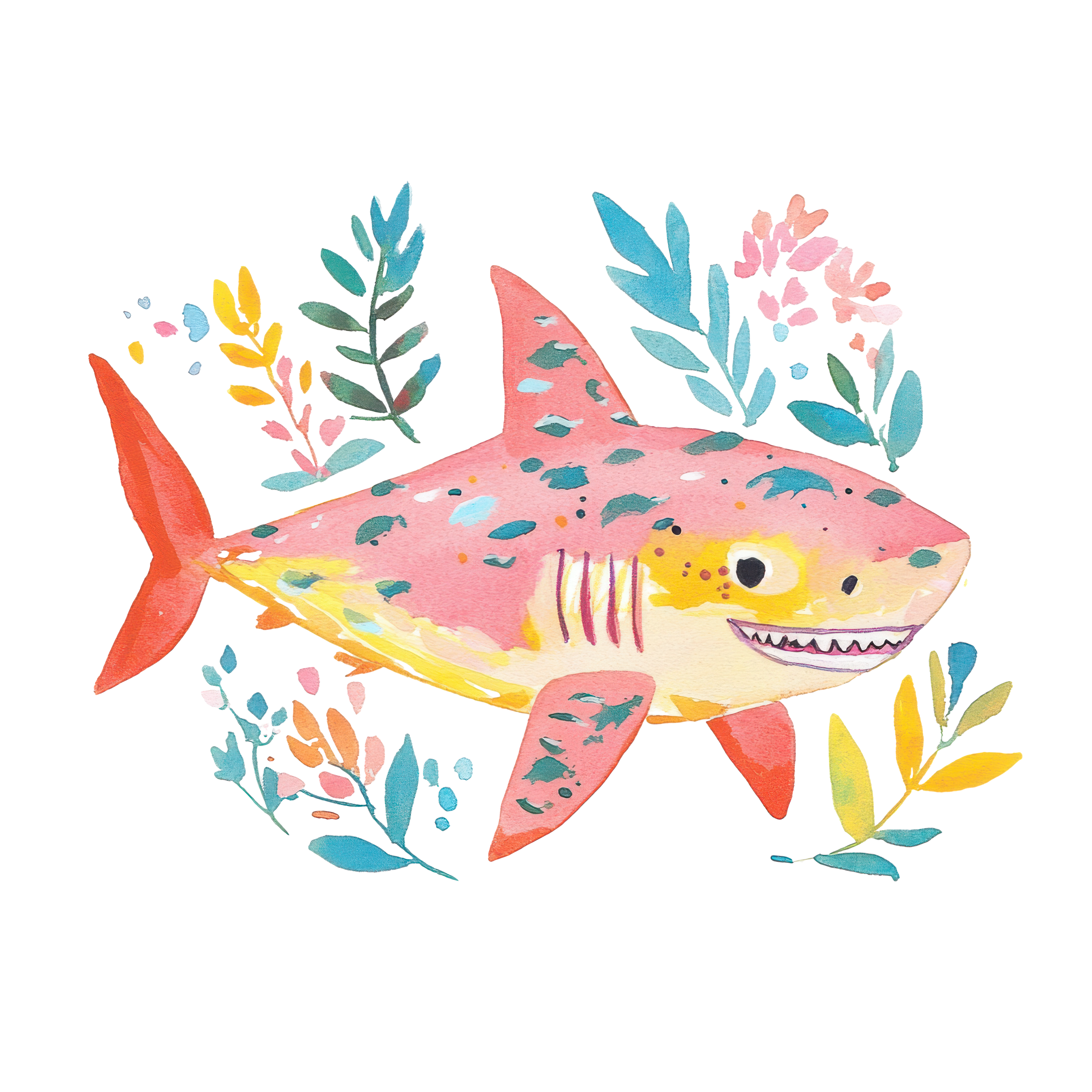 Watercolor illustration of a pink shark with blue spots surrounded by colorful floral elements.