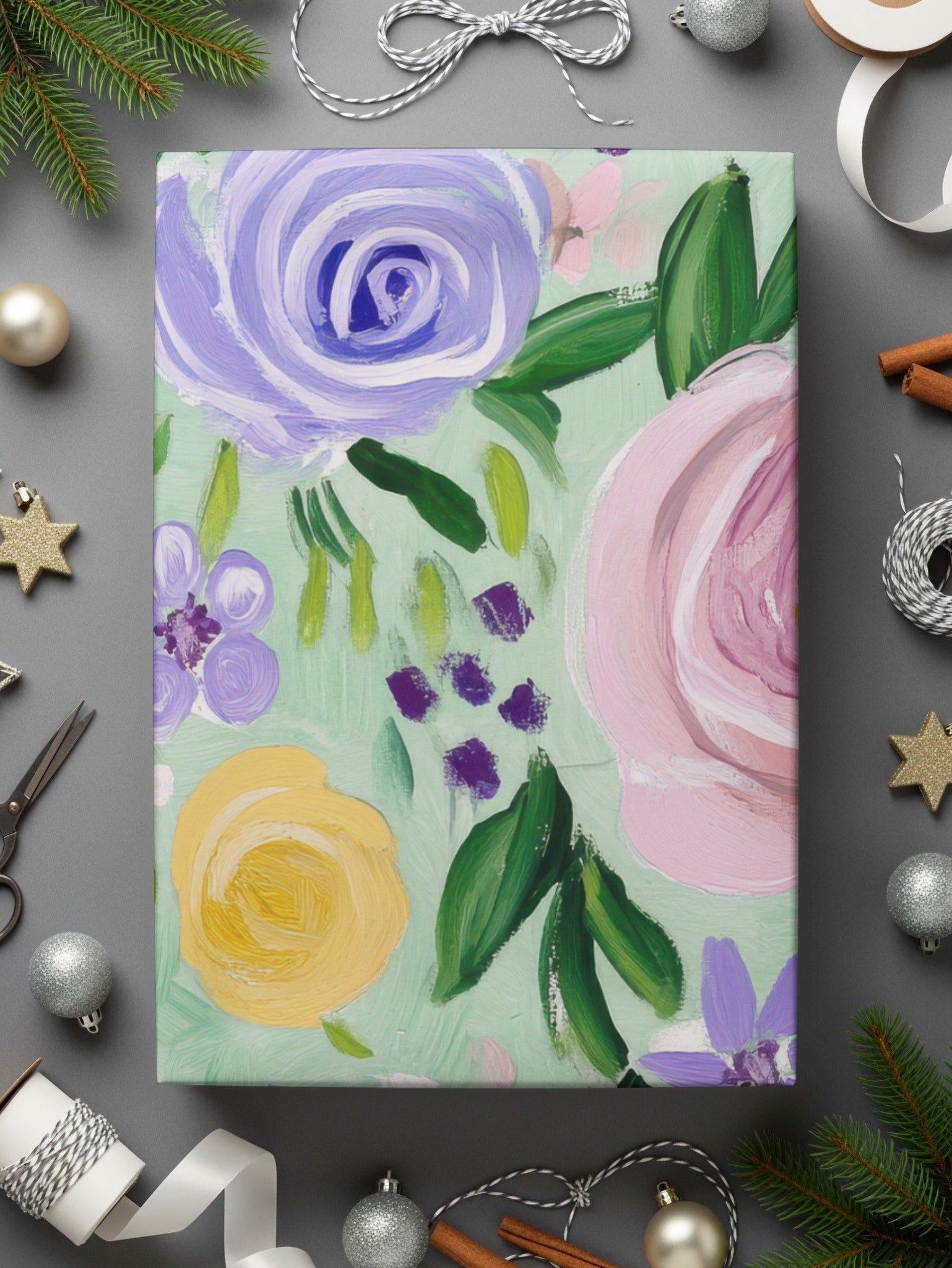 Fine Art Floral Seamless Pattern, Acrylic Floral Print, Pastel Flowers Digital Paper, Mint Green Floral Pattern, Fabric Design