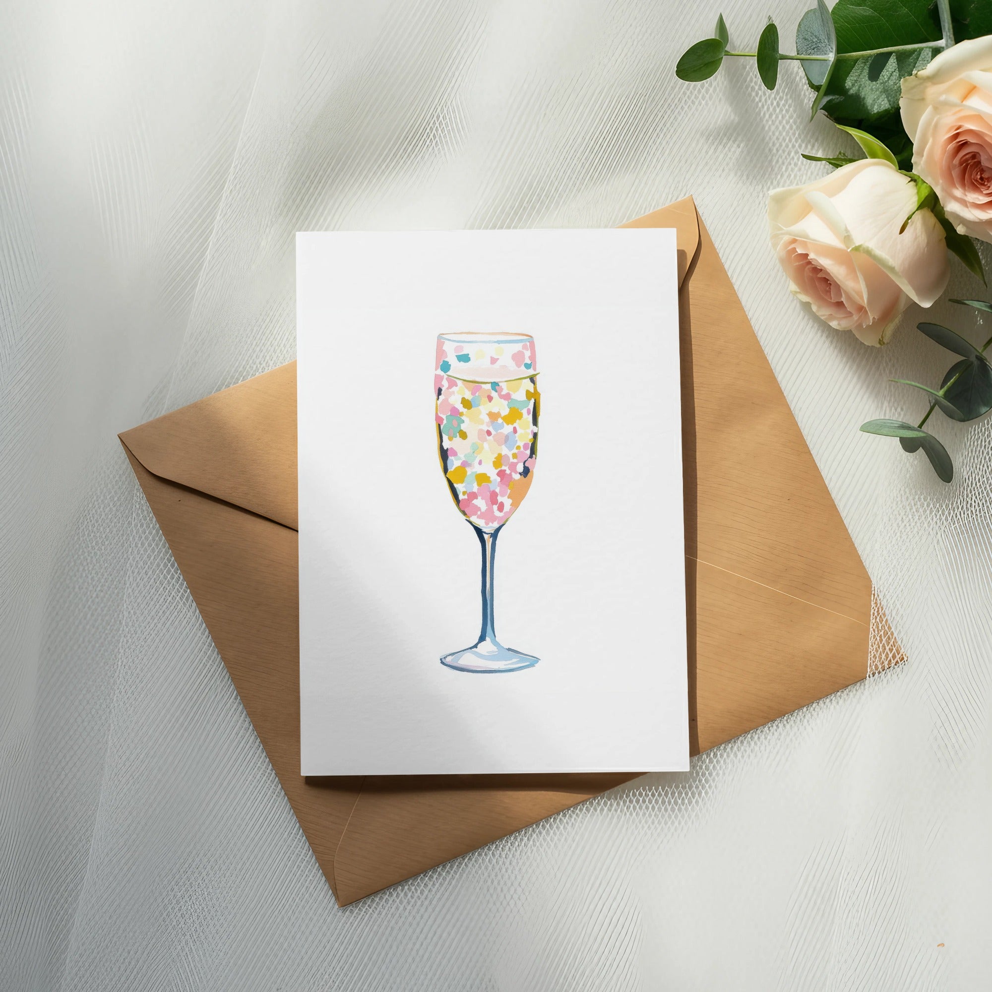 Card with champagne flute illustration on an envelope, with roses and eucalyptus.