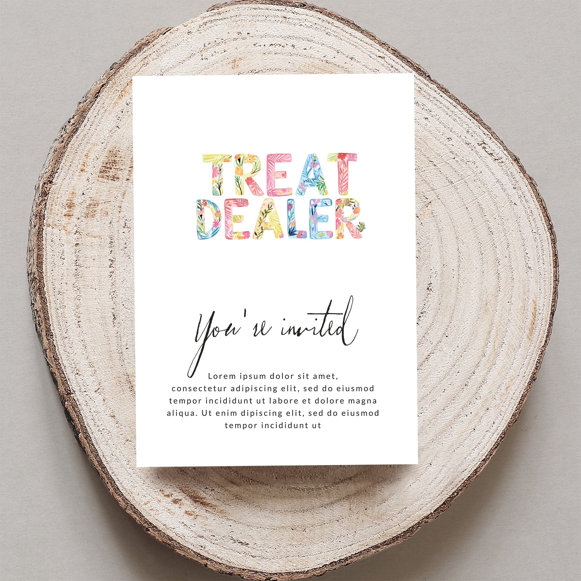 Invitation card with "TREAT DEALER" in colorful floral letters and "You're invited" text.