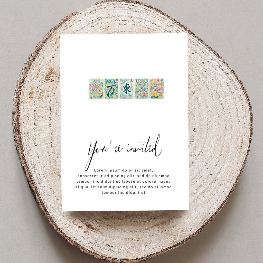 Invitation card with floral tiles, "You're invited" text, and placeholder lorem ipsum.