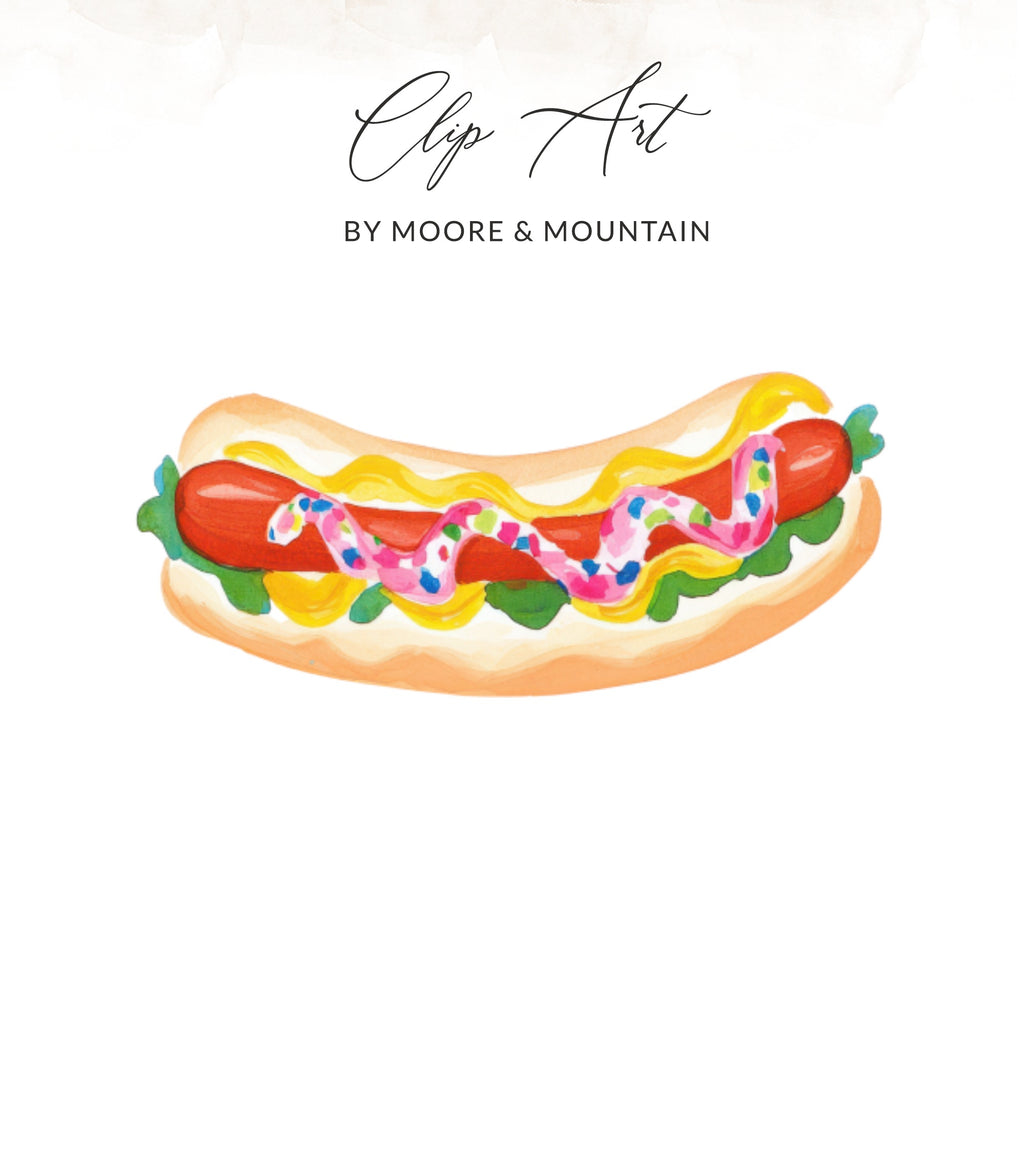 Hot dog with mustard, ketchup, and sprinkles, "Clip Art" by Moore & Mountain.