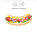 Hot dog with mustard, ketchup, and sprinkles, "Clip Art" by Moore & Mountain.