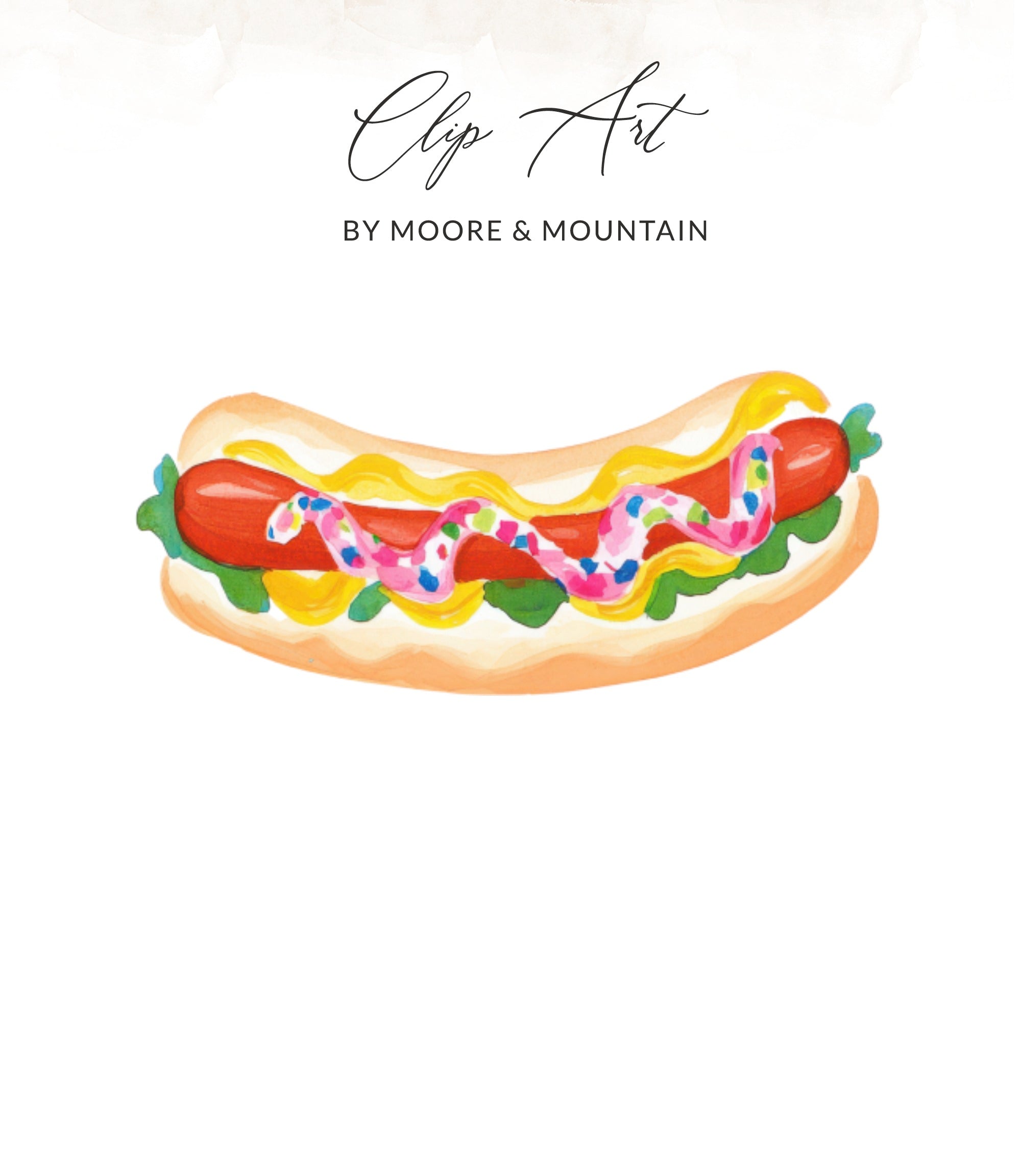 Hot dog with mustard, ketchup, and sprinkles, "Clip Art" by Moore & Mountain.