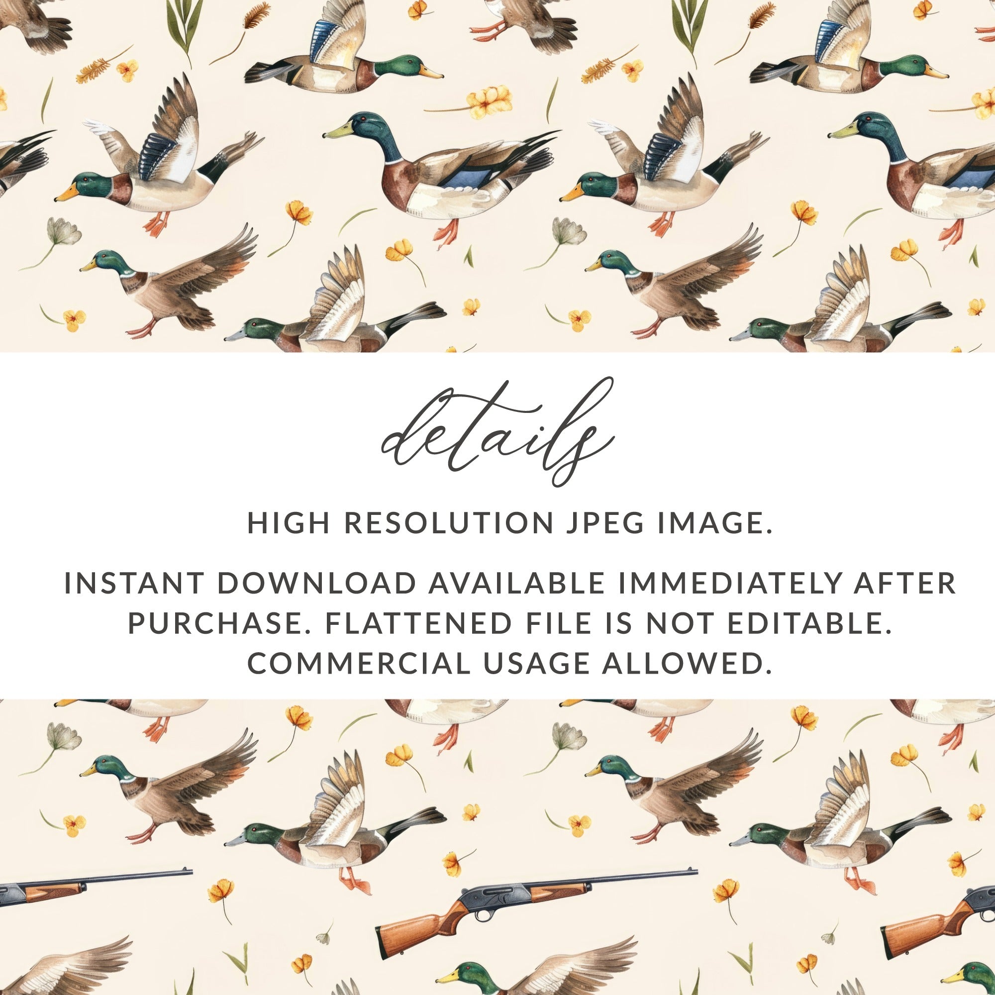 Flying Ducks and Hunting Rifle Watercolor Art Pattern