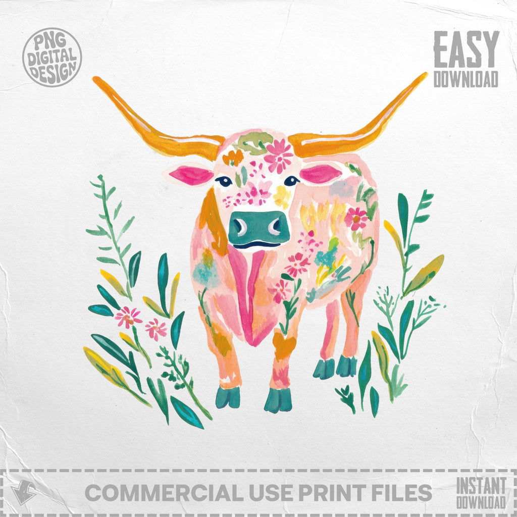Floral longhorn bull with green foliage and "Easy Download" text.