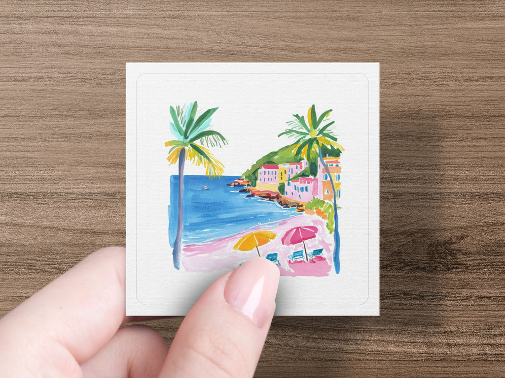 Watercolor beach scene with palm trees, umbrellas, and buildings.