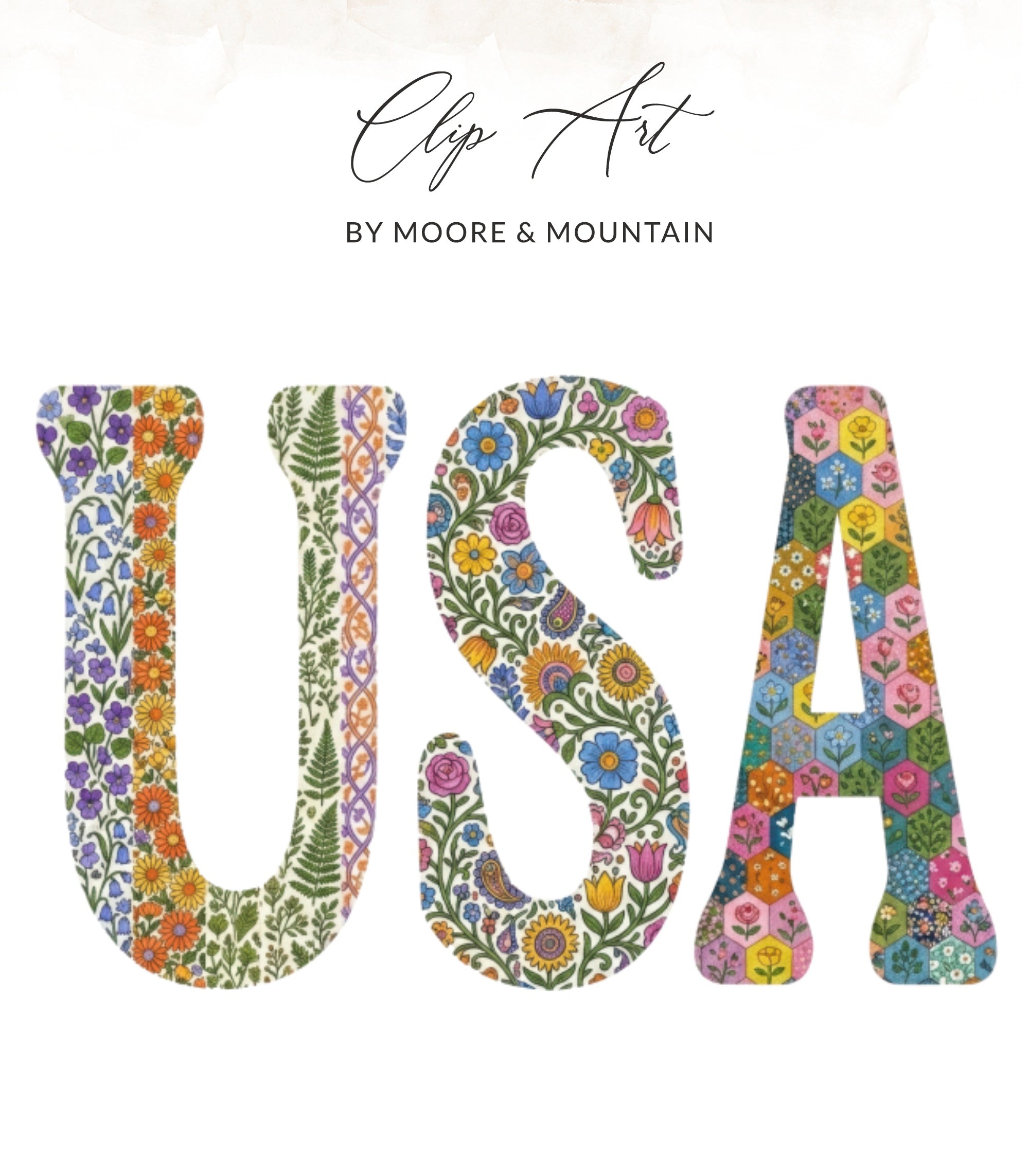 USA letters decorated with floral and geometric patterns.