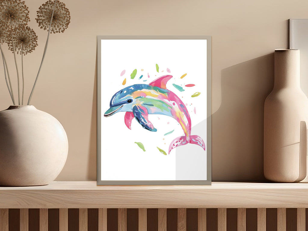 Colorful watercolor dolphin swimming among abstract splashes.