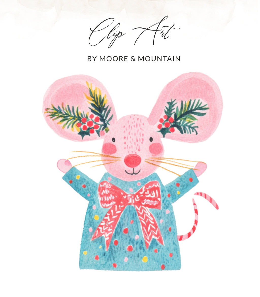 Pink cartoon mouse in a blue polka dot pajamas with a red bow.