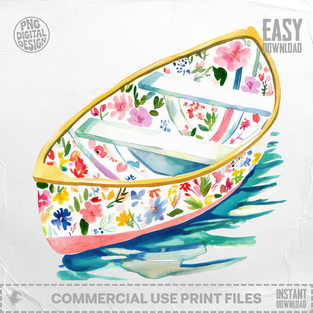 Watercolor illustration of a rowboat with floral patterns on water.