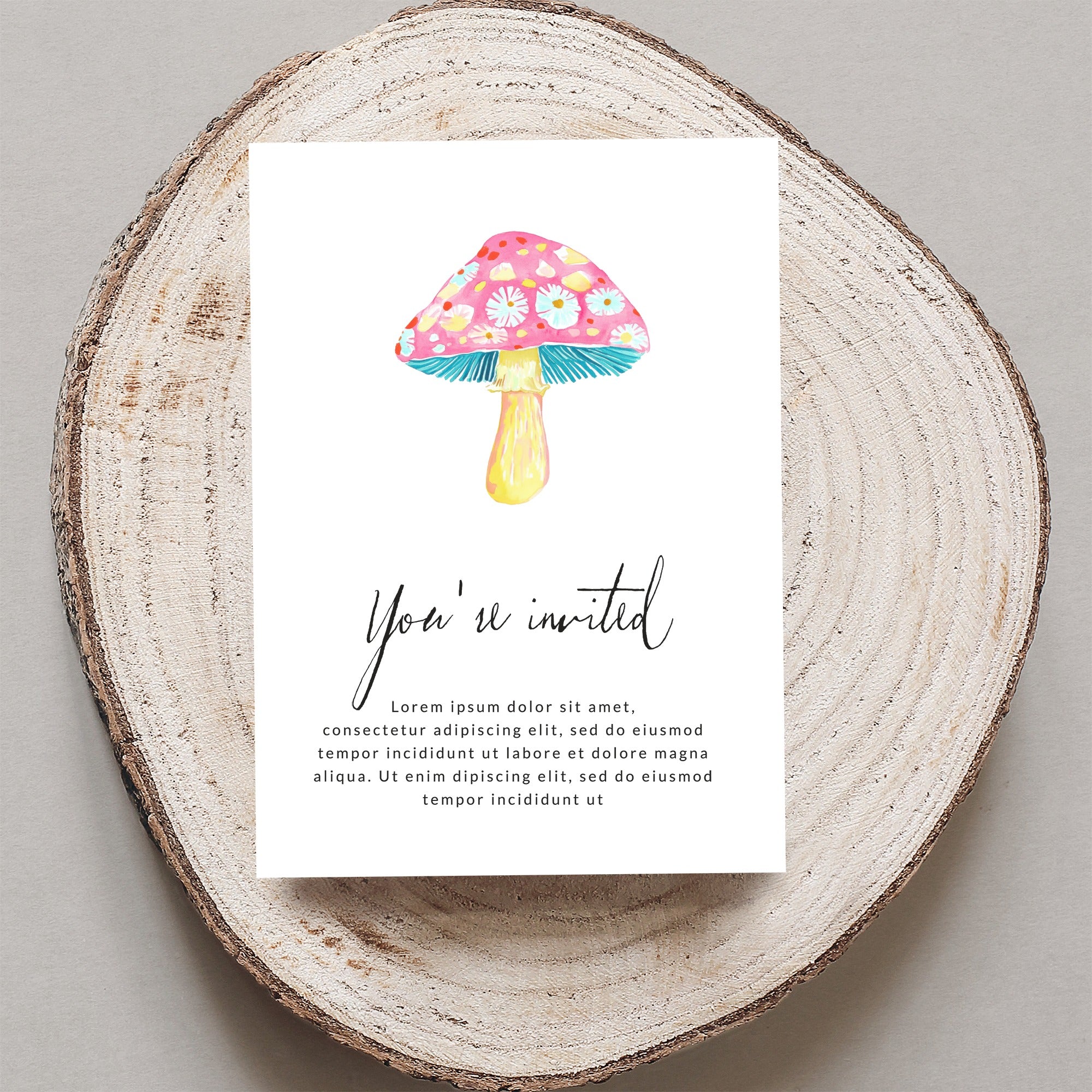 Invitation card with a pink mushroom and "You're invited" text.