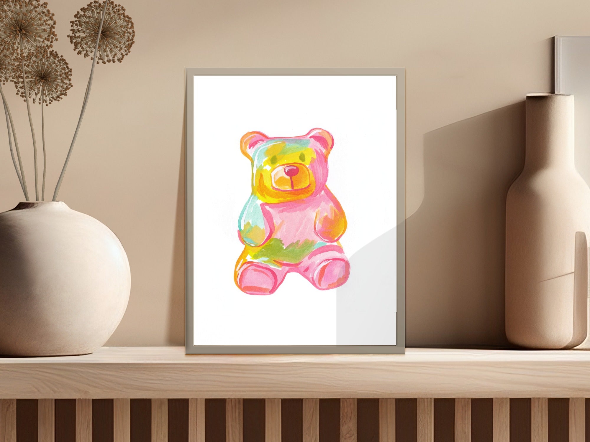 Gummy bear illustration with vibrant colors on a white background.