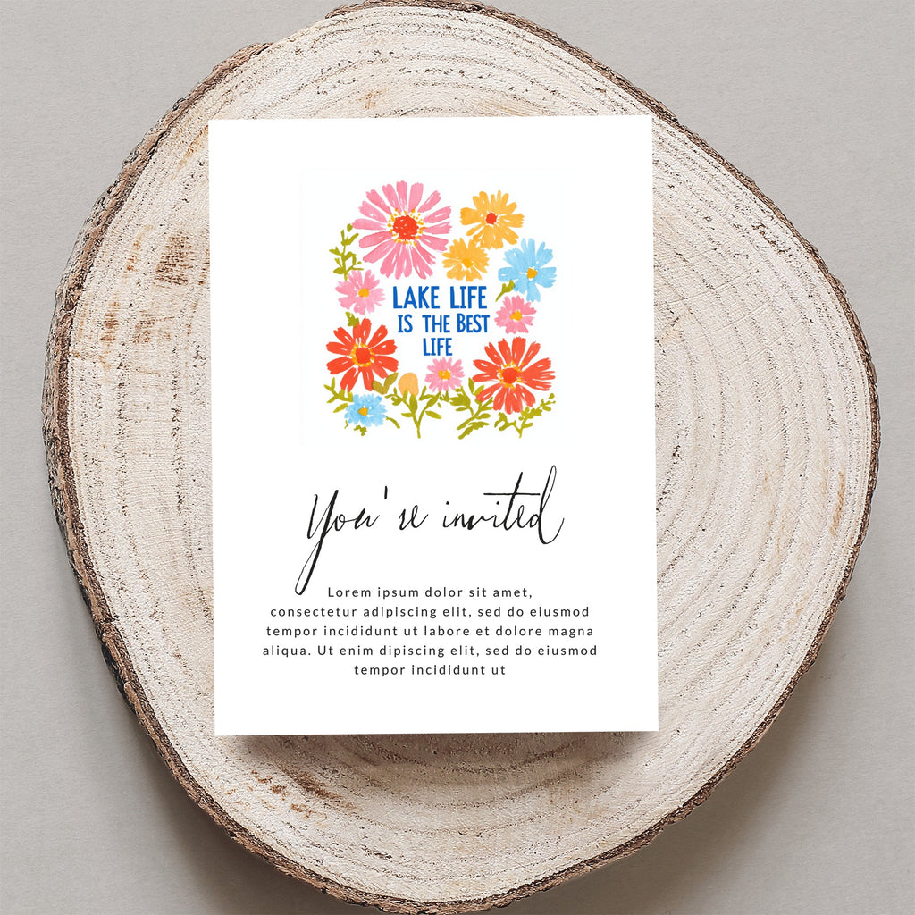 Card with flowers and "Lake life is the best life" text, "You're invited" invitation.