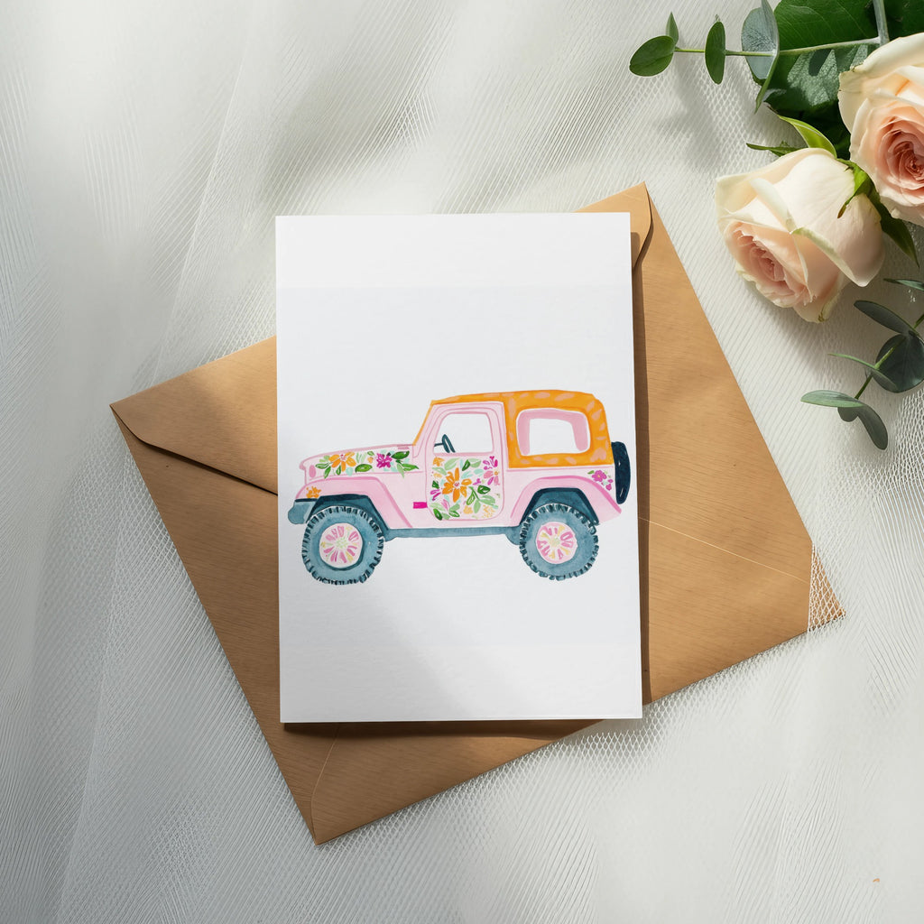 Watercolor illustration of a pink jeep with floral details on a brown envelope.