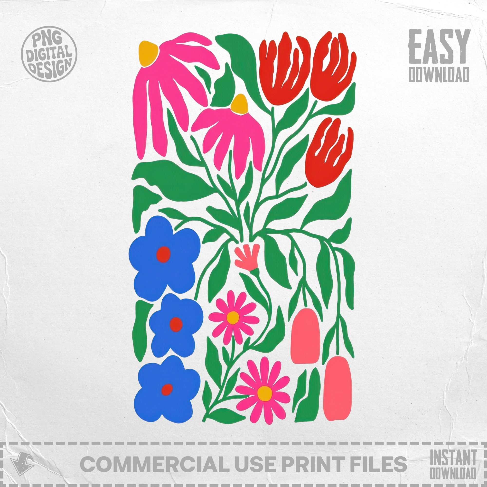Floral illustration with pink, blue, and red flowers and leaves.