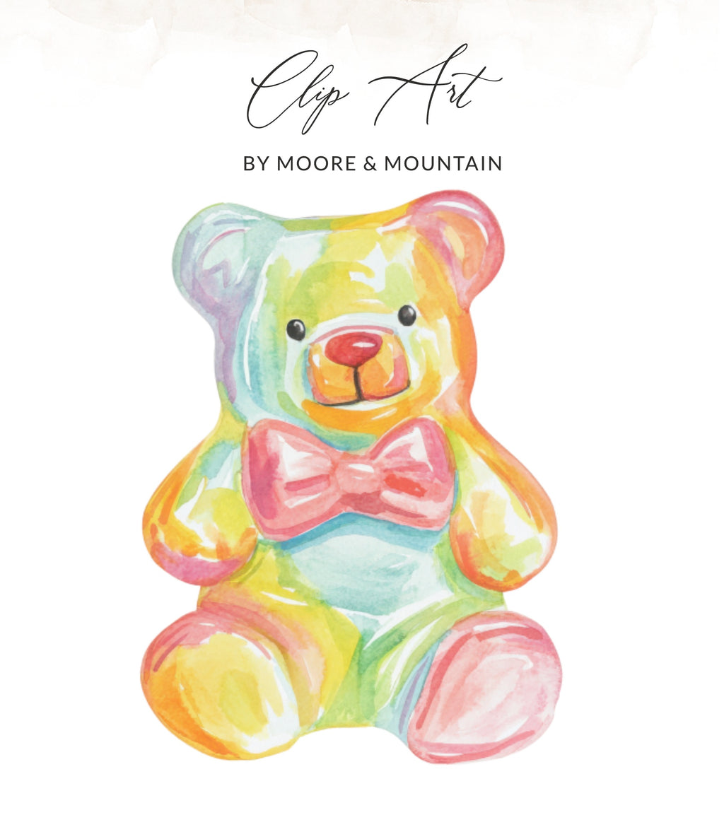 Watercolor gummy bear clip art with pink bow, "Clip Art" and "BY MOORE & MOUNTAIN" text.